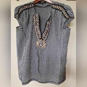 Nanette Lepore Womens Bohemian Beaded Cap Sleeve Gingham Top. Size 6